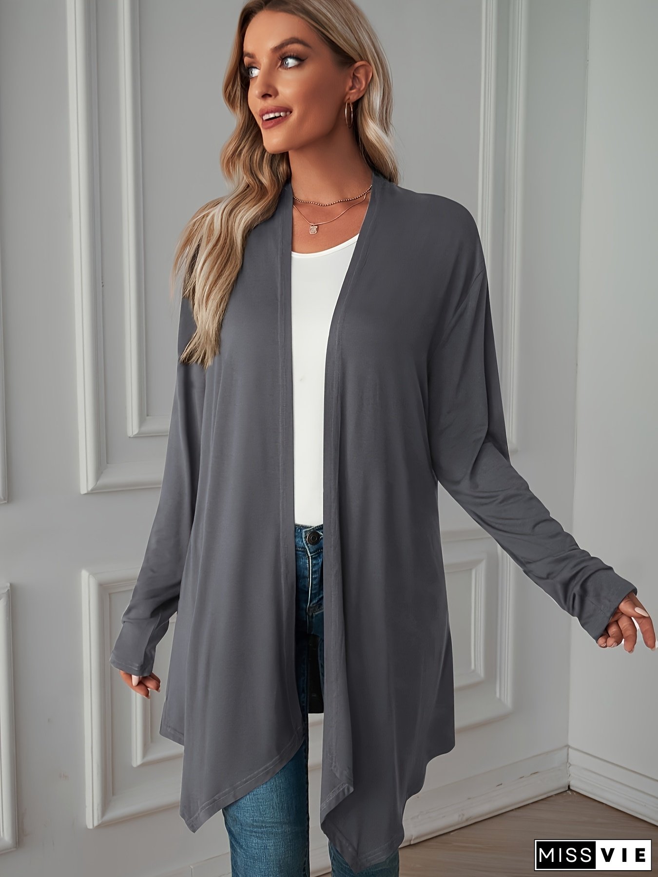 Women&lsquo;s Plus Size Solid Color Long Sleeve Cardigan - Casual Fall & Spring Top with V-Neck, Light Brown, Casual Wear|Vneck Sweater|Long Sleeve Top