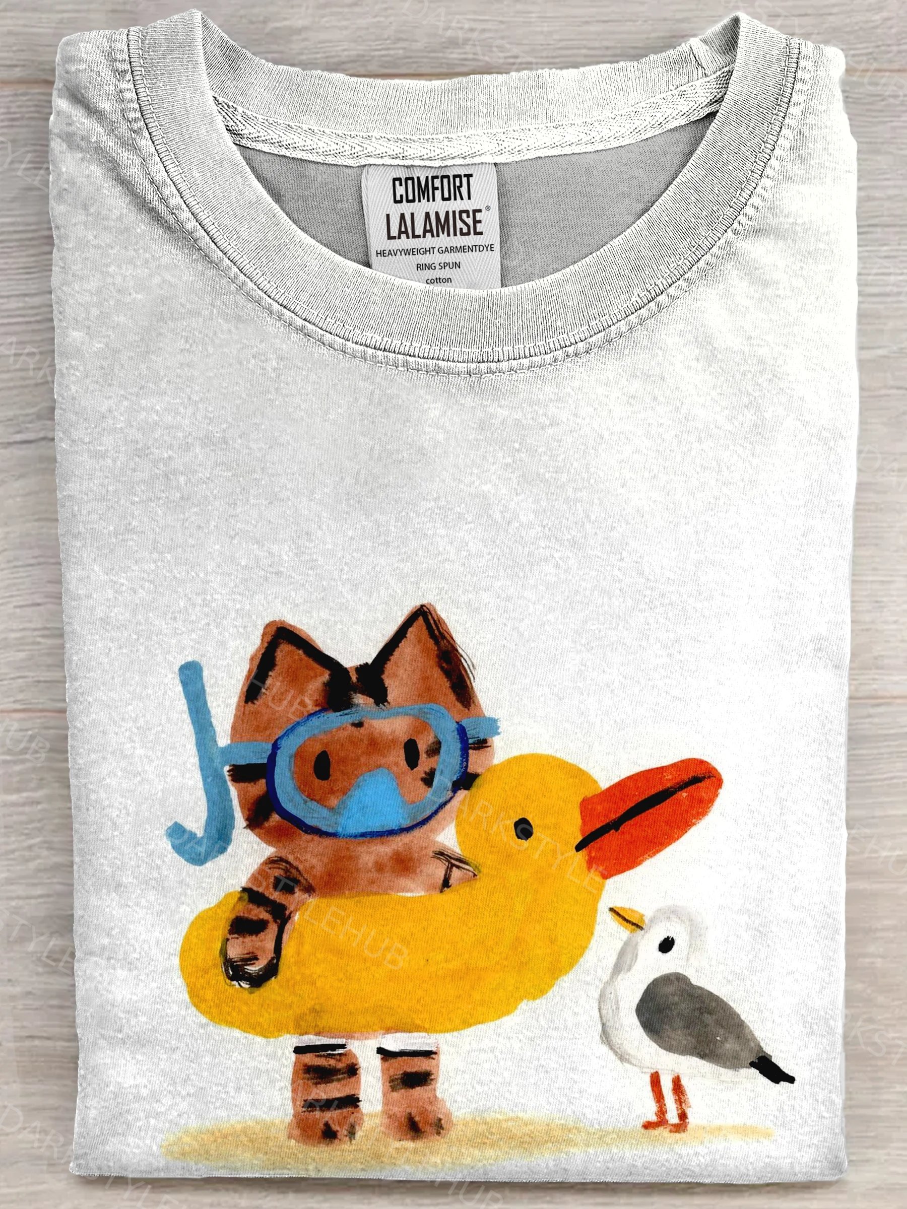 Adorable Swimming Kitten Seagull Art Print Casual Crew Neck Short Sleeve T-shirt