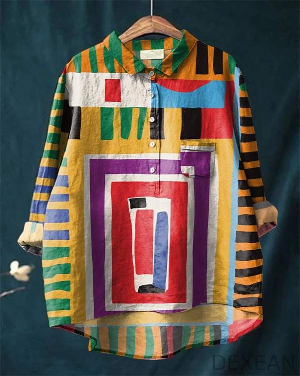 Vintage Abstract Art Print Cotton and Linen Shirt