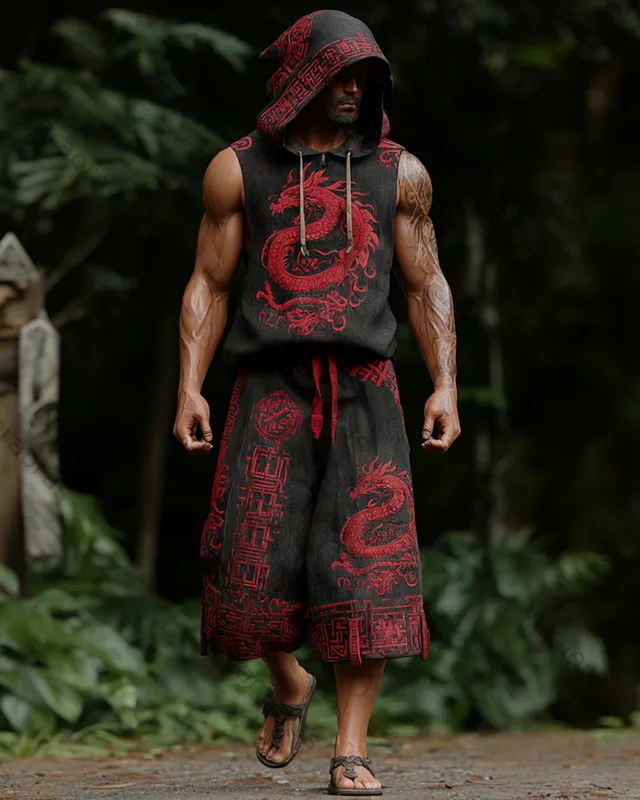 Men's Viking-Style Fashion Contrast-Color Embroidered Hooded Sleeveless Top & Shorts Two-Piece Set 8025