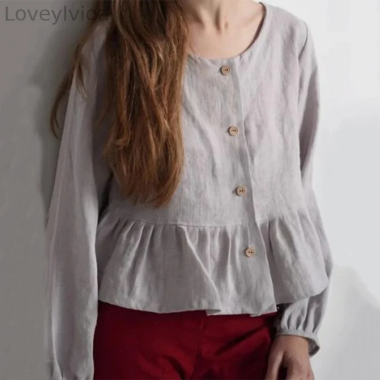 Vintage Plain Crew Neck Button Cotton Linen Casual Shirt