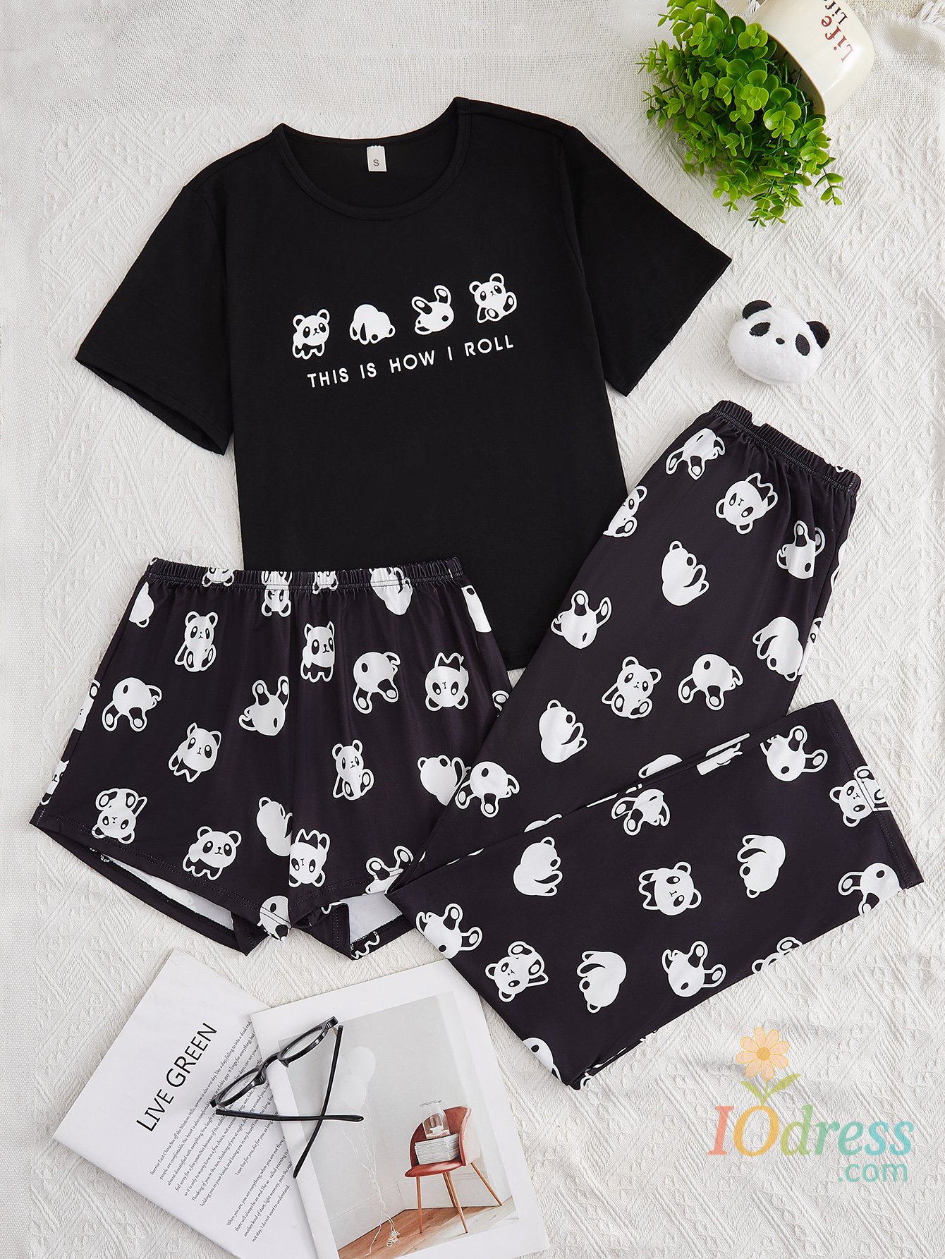 IO Dress Women's new style three-piece black short-sleeved top panda print shorts pant suit cartoon casual home wear