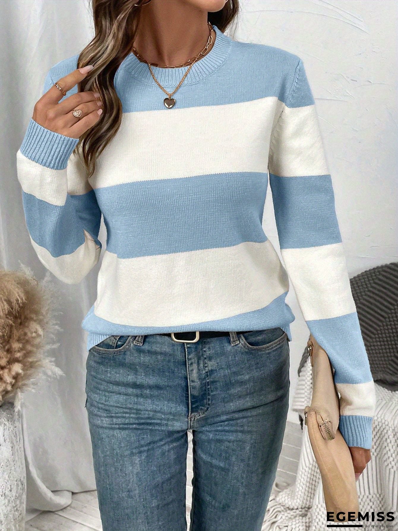 Women's Casual Striped Sweater - Blue & White Horizontal Stripes, High Elasticity Round Neck Long Sleeve Pullover, All-Season Comfort Fit, Machine Washable, Cute Sweater, Comfortable Clothing, Classic Stripes, Soft Texture, Versatile Top, Fashion Lovers | EGEMISS
