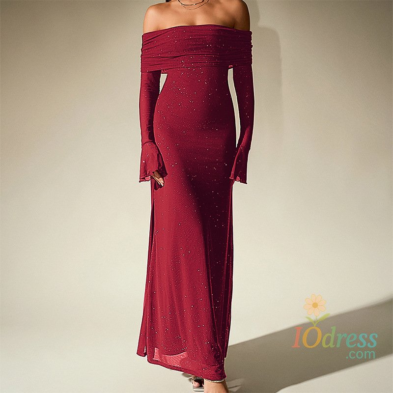 IO Dress Autumn Off Shoulder Long Sleeve Maxi Dress Women Casual Solid Shiny Bohemian Dress Spring Slash Neck Backless Hollow Party Dress