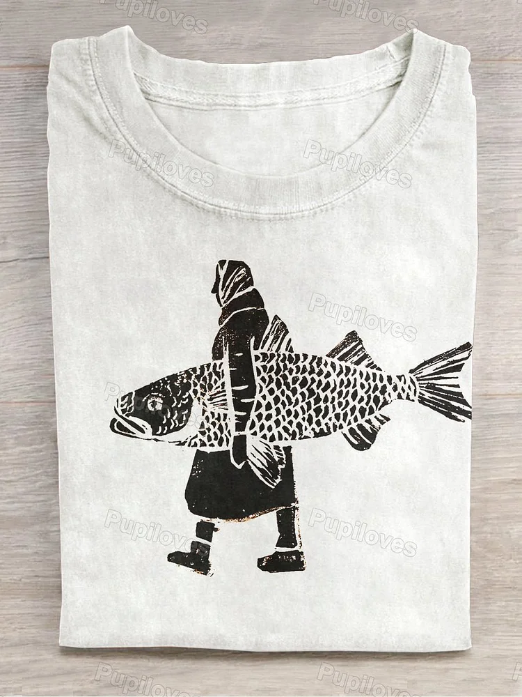 Pupiloves Pupiloves  Unisex You Holding a Fish Art Print Round Neck T-Shirt