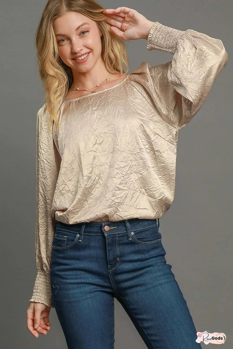 Umgee Wrinkled Round Neck Lantern Sleeve Blouse