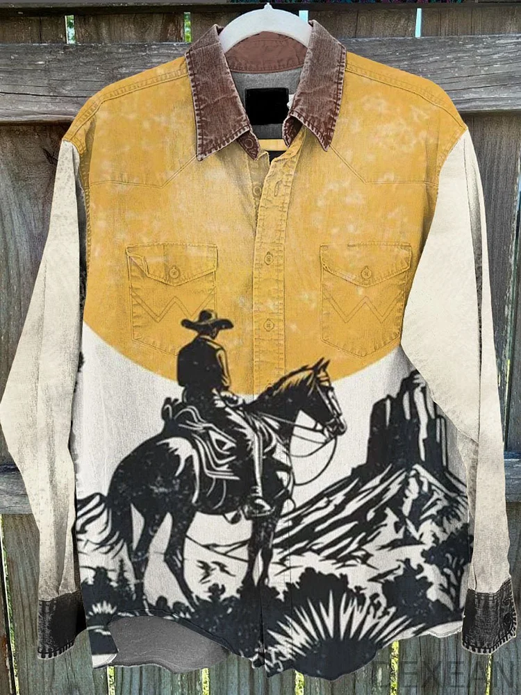 Men's Cowboy Art Vintage Stripe Print Casual Shirt