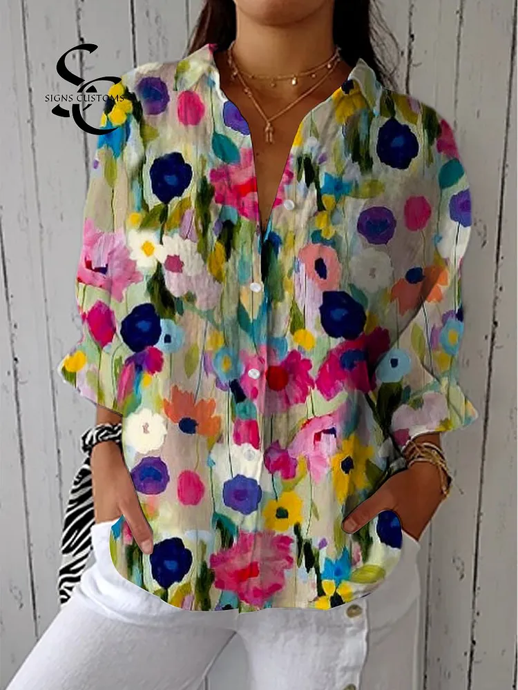 Women's Vintage Floral Art Print Casual Cotton Linen V-neck Shirt