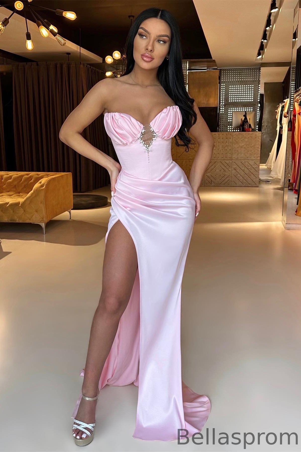 Bellasprom Pink Strapless Mermaid Prom Dress Pleats Beaded Split Online Bellasprom