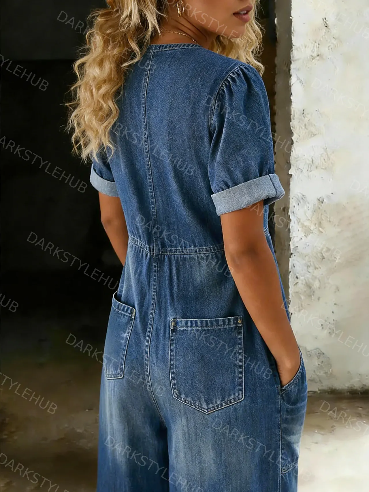Women's Casual Loose Short-sleeved V-neck Denim Jumpsuit