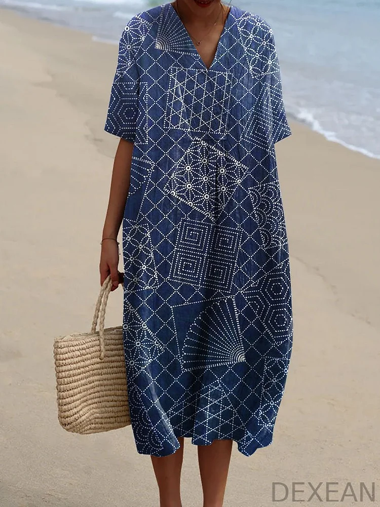 Women's Vintage Geometric Pattern Art Print Flowy Dress