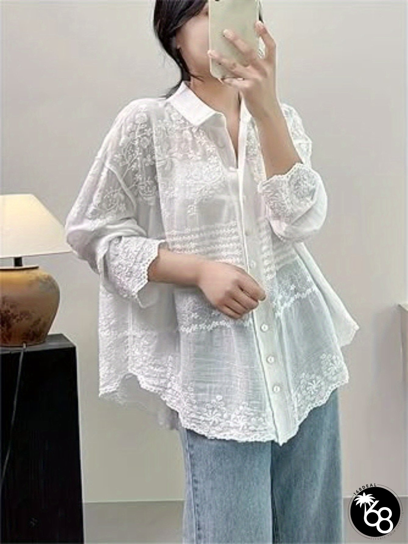 Womens Boho White Lace-Like Floral Blouse Long Sleeve Button-Front Shirt With Eyelet Cut | 168DEAL