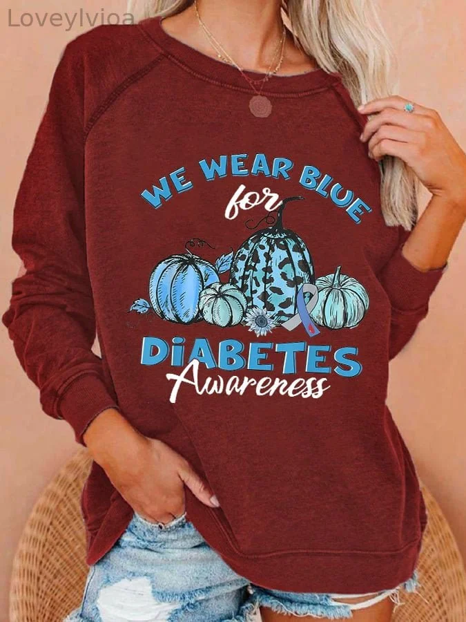 Women's We Wear Blue Diabetes Awareness Pumpkin Printed Casual Sweatshirt