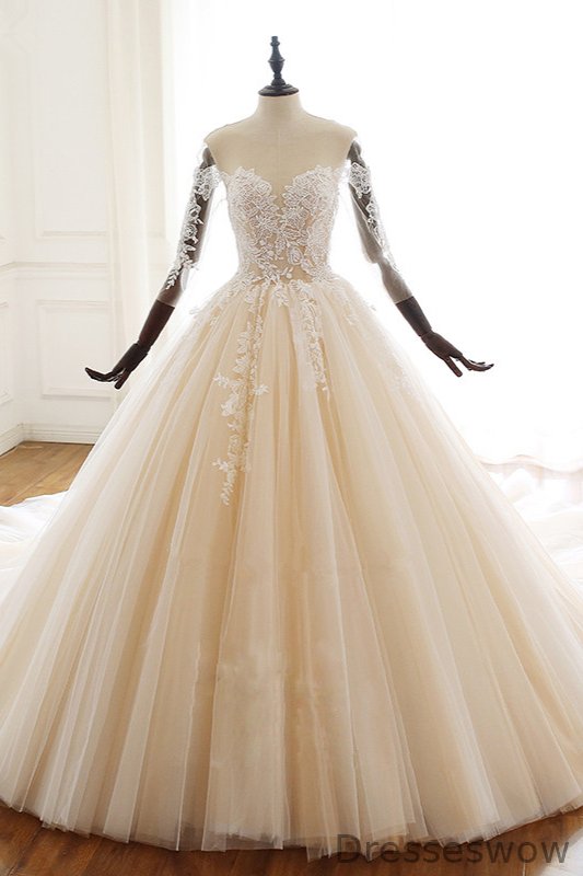 Dresseswow Sleeves Ball Gowns Sweetheart Long Wedding Dresses With Lace Appliques