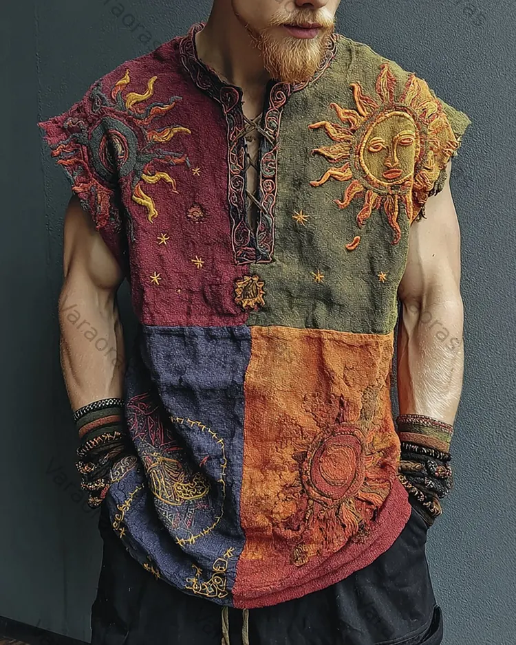 Men's Color-Blocked Star and Moon Embroidered Sleeveless Top 9604