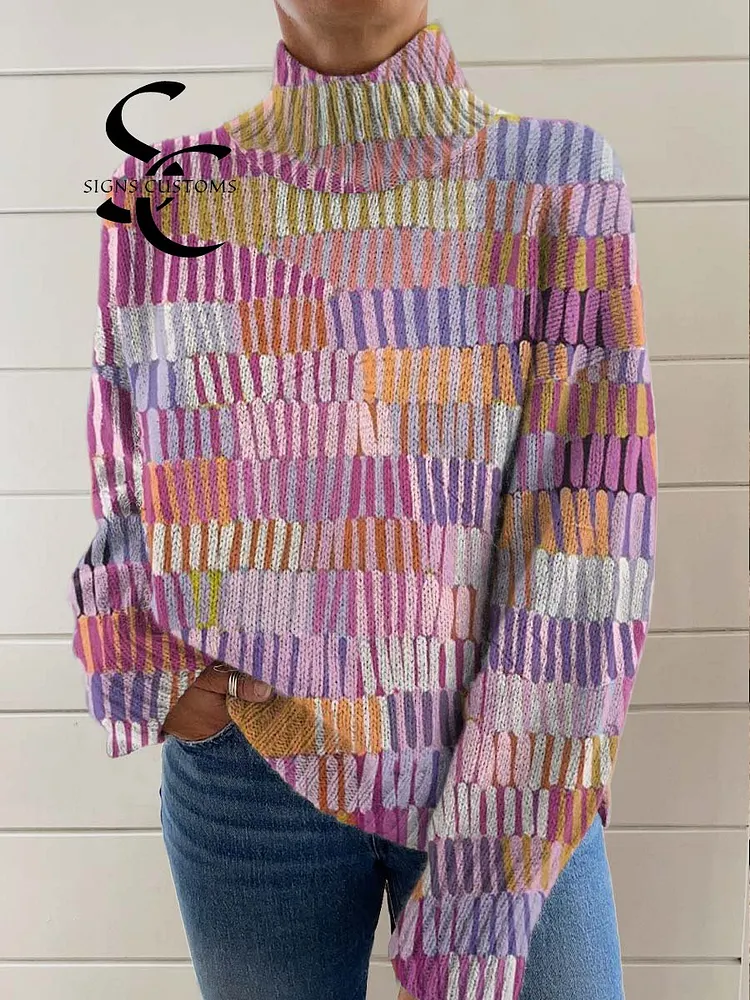 Women's Colourful Artistic Abstract Lines Print Knit Turtleneck Pullover Sweater