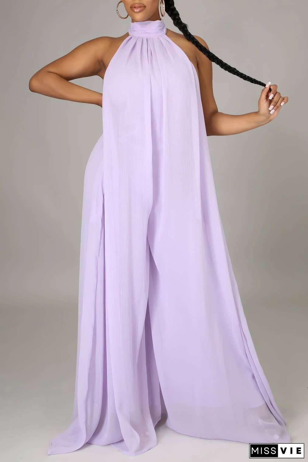 SS/24 chiffon halter backless pleated wide leg jumpsuit