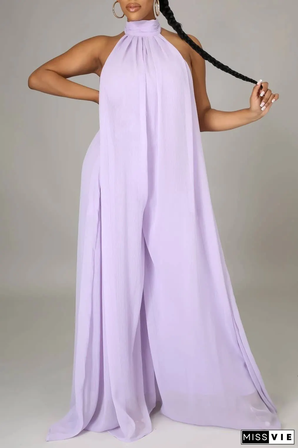 SS/24 chiffon halter backless pleated wide leg jumpsuit