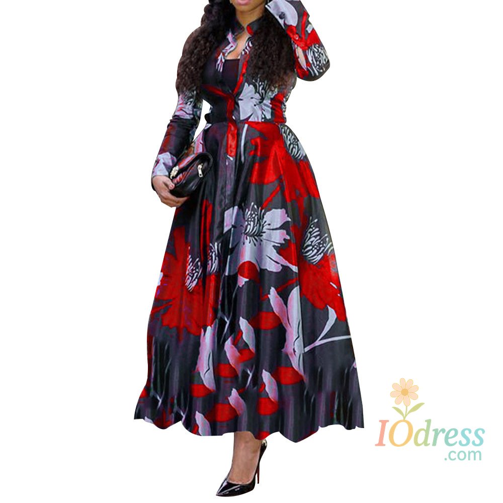 IO Dress Retro Print Large Maxi Dress Women's Fashion Elegant Office Women's Long Dresses Spring Autumn Casual Long-sleeve Slim Vestidos IO Dress