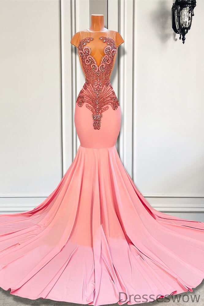 Dresseswow Pink Sleeveless Mermaid Evening Gowns With Beadings Long