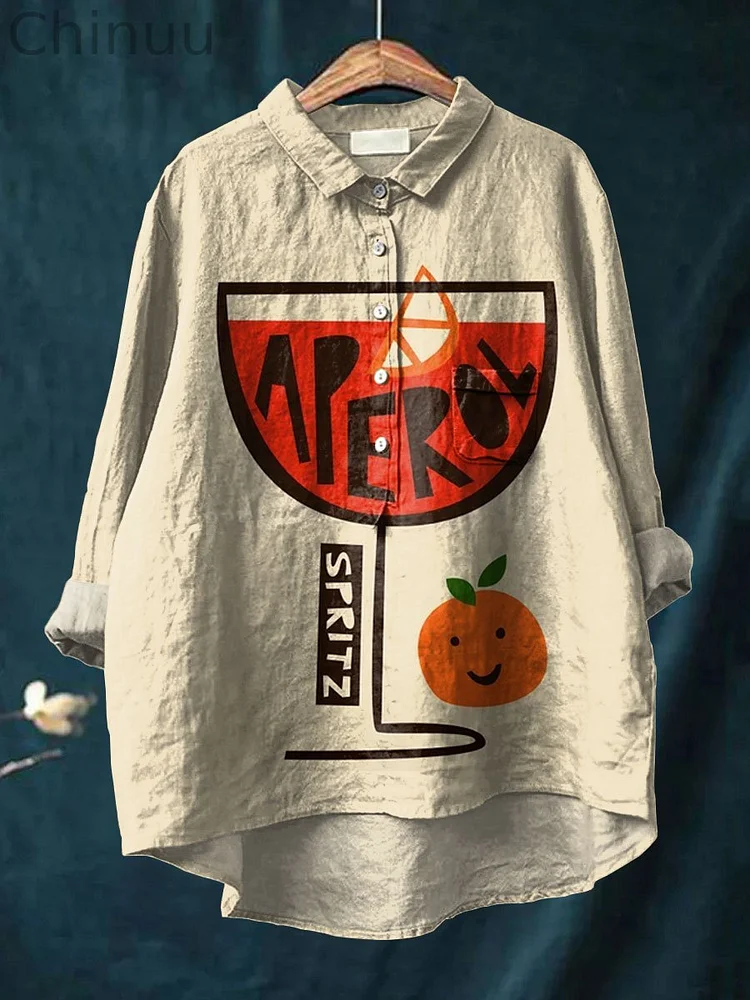 Spritz Cocktail Art Printed Women's Casual Cotton And Linen Shirt