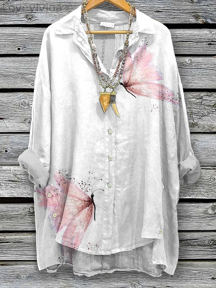 Women's Pretty Butterflyy Print Casual Cotton And Linen Shirt