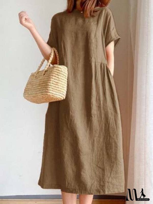 Casual Loose Solid Color Round-Neck Midi Dresses