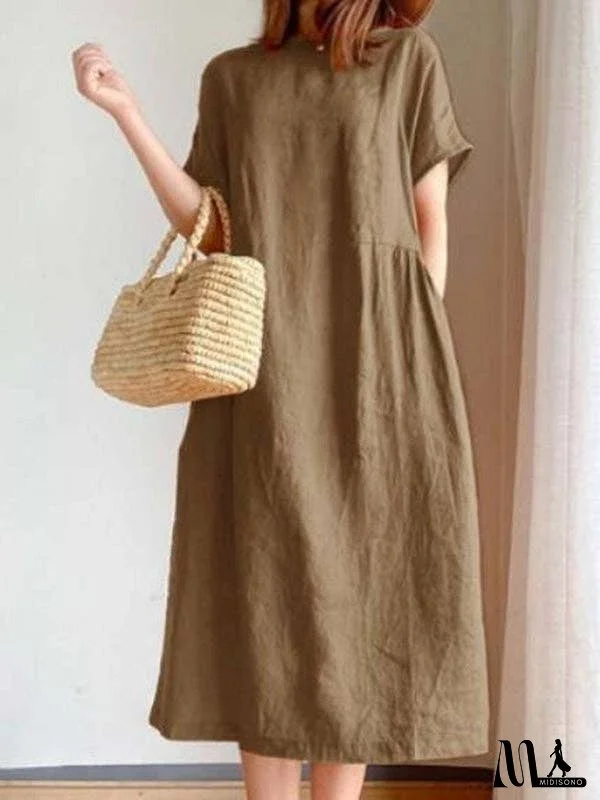 Casual Loose Solid Color Round-Neck Midi Dresses