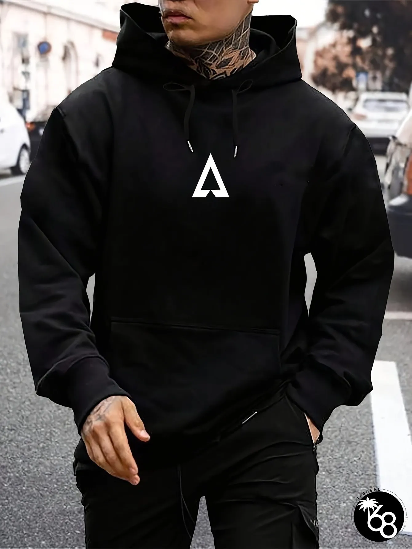 Mens Unisex Geometric Greek Letter Lambda Print Hooded Sweatshirt French Terry Knit Loose | 168DEAL