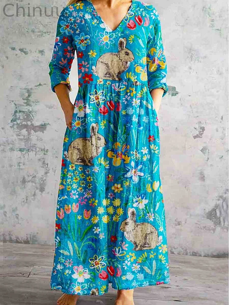 Women's Rabbit Floral Pastoral Pattern V-Neck Dress with Pockets