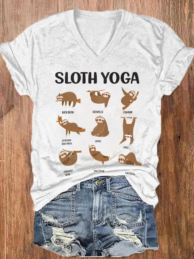 Pupiloves Pupiloves   Sloth Yoga Cute Sloth Print V-Neck T-Shirt