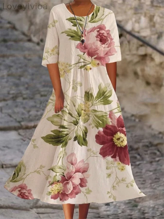 Ladies Botanical Floral Design Casual Loose Dress