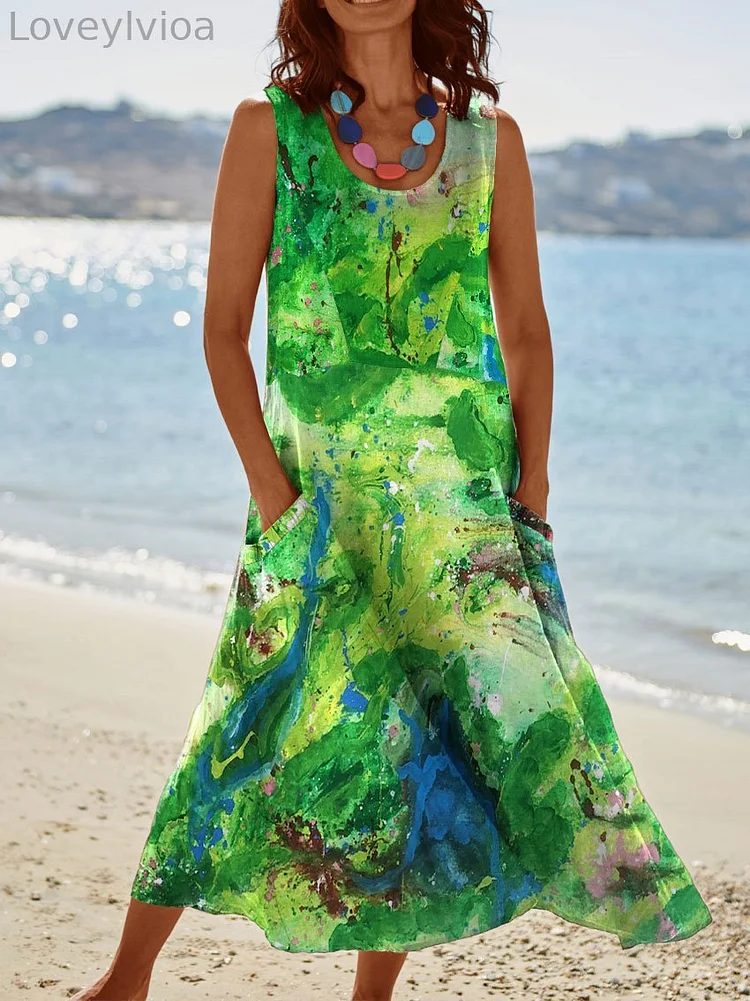 Womens Vintage Summer Abstract Art Print Pocket Pinafore Linen Dress