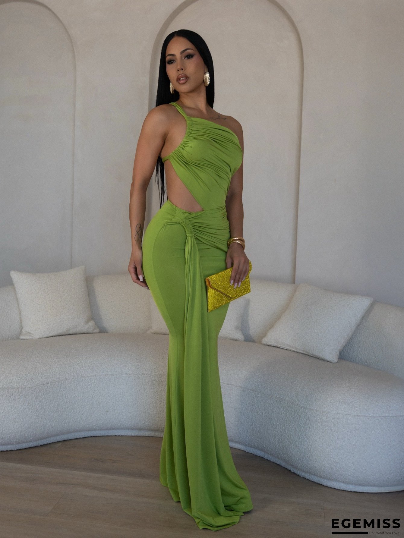 Elegant One-Shoulder Sleeveless Bodycon Dress With Ruched Detail - Solid Color, High-Low Hem, Lightweight & Machine Washable, Perfect For Women's Fashion, Evening Wear | Ruched Detail Dress | Glossy Texture | EGEMISS