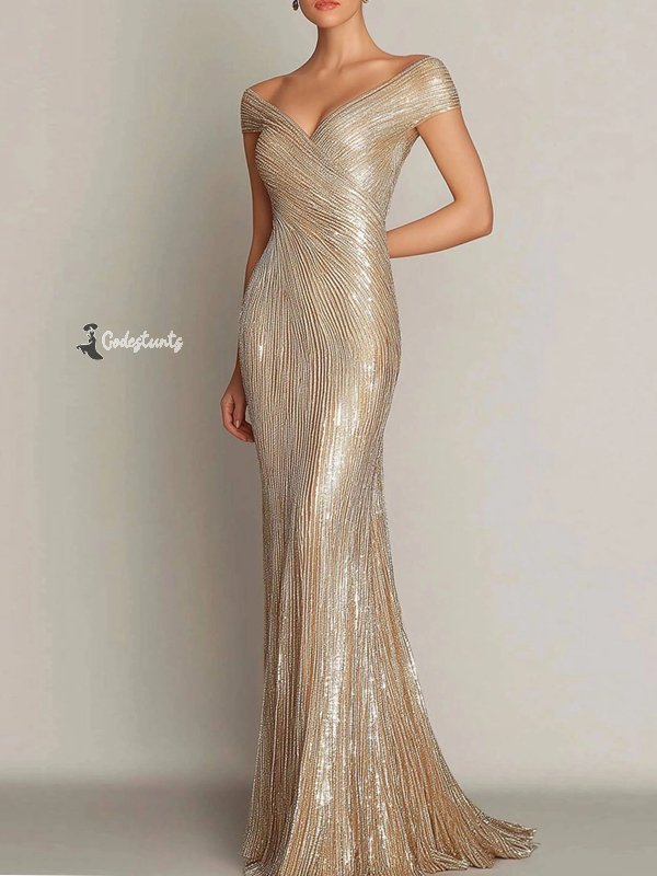 Prom Party Gold Gown V-Neck Off-Shoulder Beaded Maxi Dress