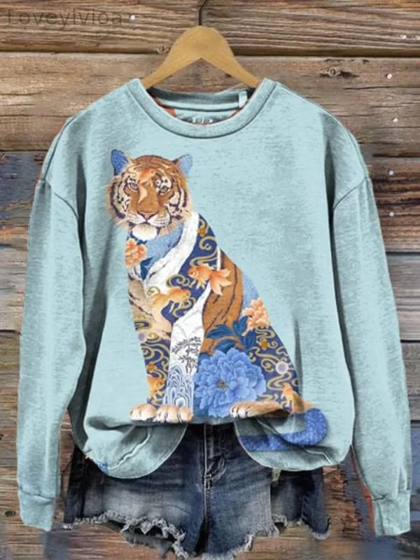 Blue Tiger Art Print Round Neck Long Sleeve Sweatshirt