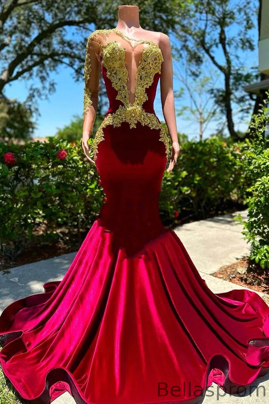 Bellasprom Burgundy One Shoulder Long Sleeve Mermaid Prom Dress With Appliques Bellasprom