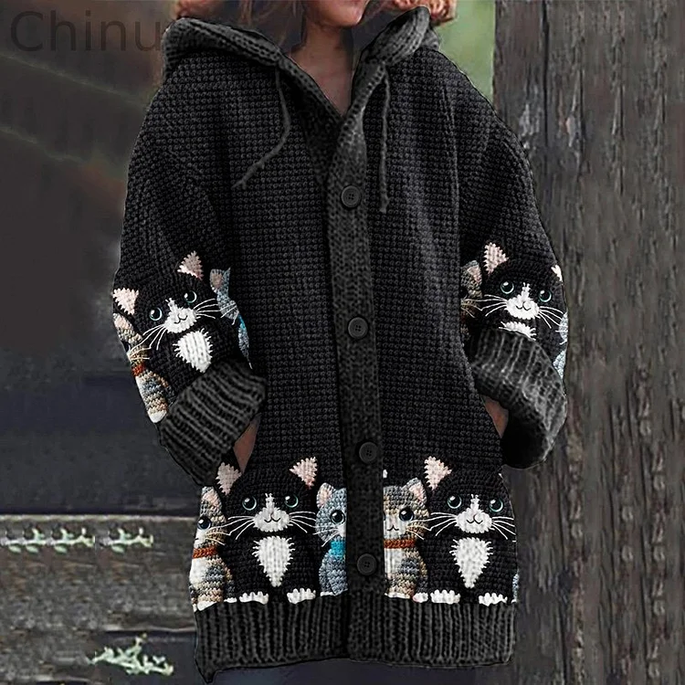 Vintage Cute Cat Art Women's Sweater Hooded Cardigan