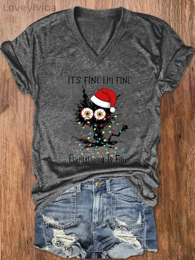 Women's It's Fine I'm Fine Everything Is Fine   Cat Print T-Shirt