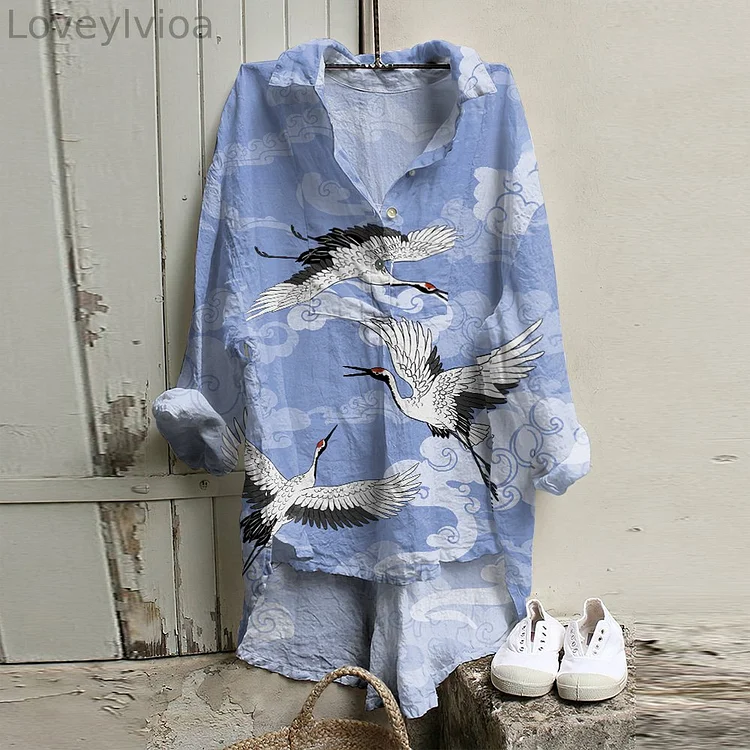 Cranes Japanese Art Cotton And Linen Button Casual Shirt