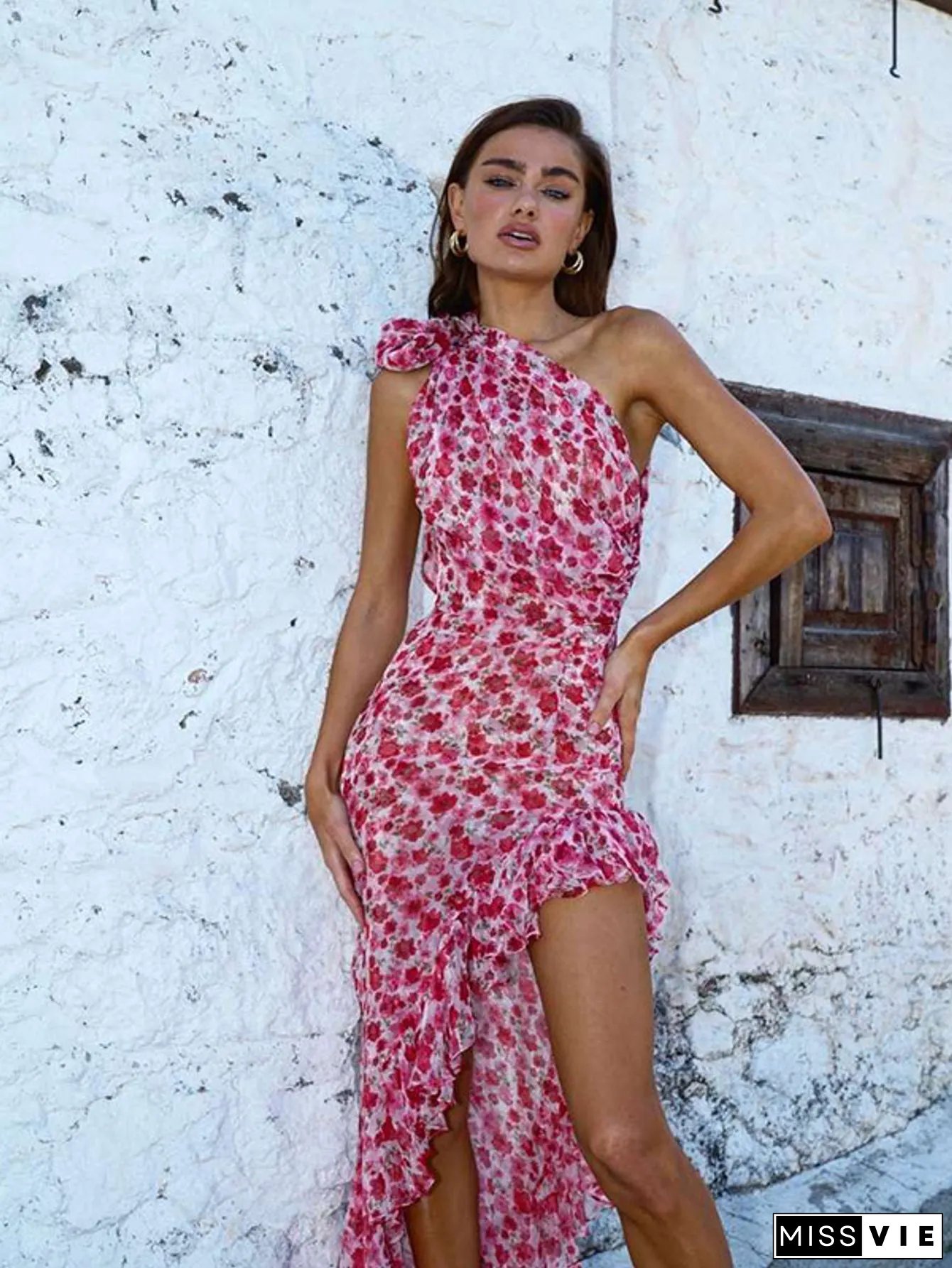 Womens Sexy High Waist One Shoulder Backless Sleeveless Dress Vibrant Pink Floral Print
