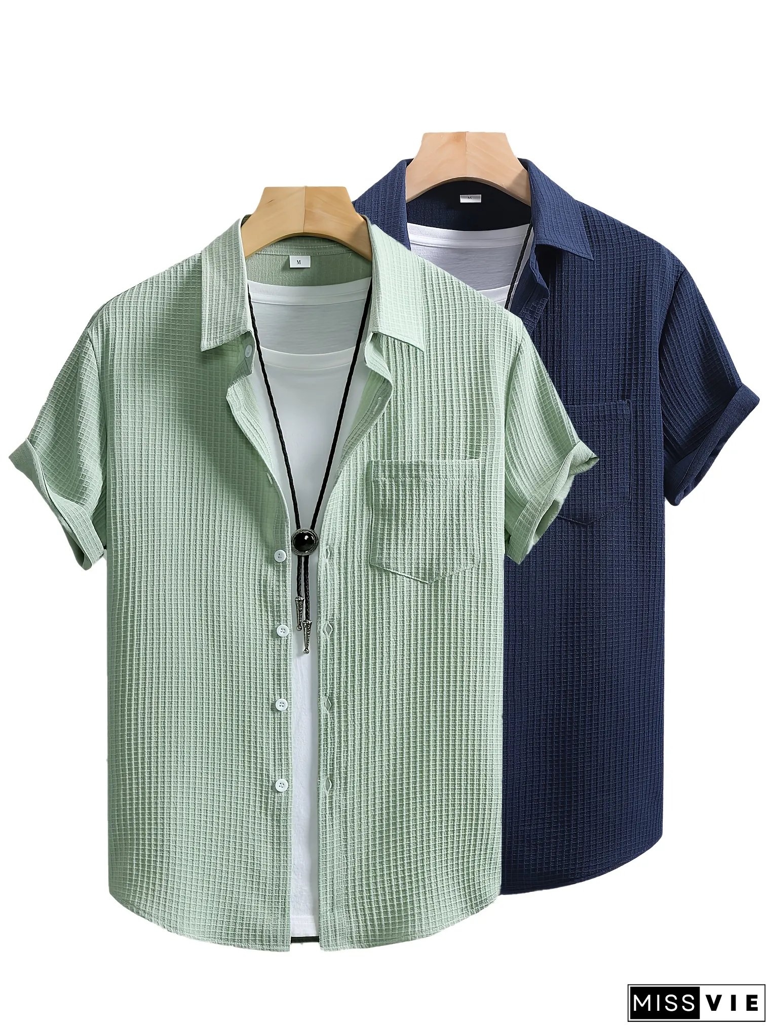 Fashionable Casual 2pcs Waffle Breathable Button-Up Short-Sleeve Shirt