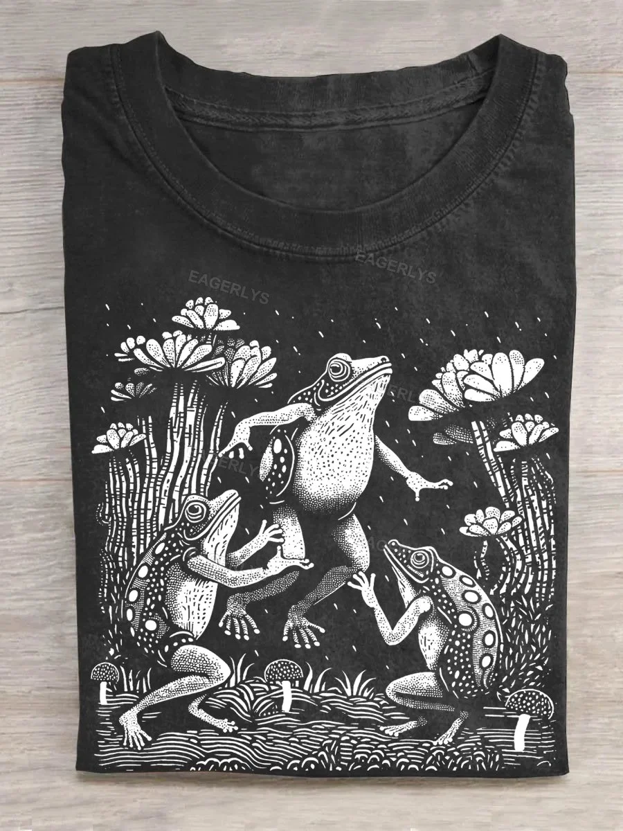 Eagerlys Frogs Dancing in The Rain Block Print Style T-shirt Eagerlys