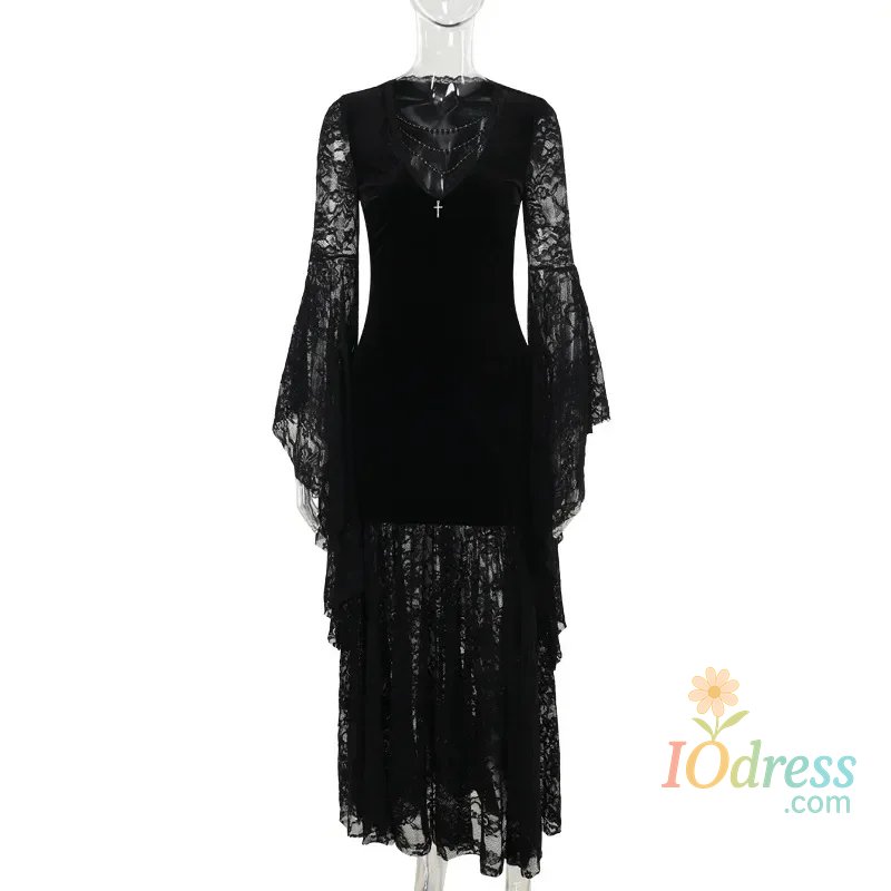 IO Dress Y2K Goth Floral Lace Mesh Flared Sleeve Bodycon Party Dresses Sexy Vintage Elegant Black Velvet V-Neck Long Dress Partywear