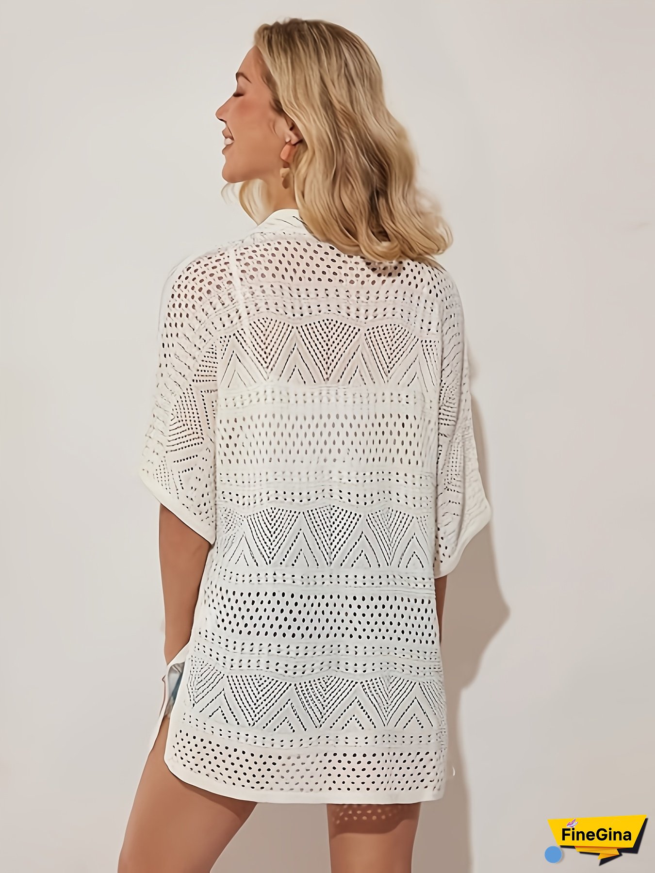 Women‘s Summer Cardigan - Casual Vacation Style, V-Neck, Short Sleeve, Loose Fit, Hollow Out Design, Lightweight Polyester, Perfect for Beach or Weekend Getaways, Beach Coverup | Relaxed Fit Cardigan | Open Front Cardigan