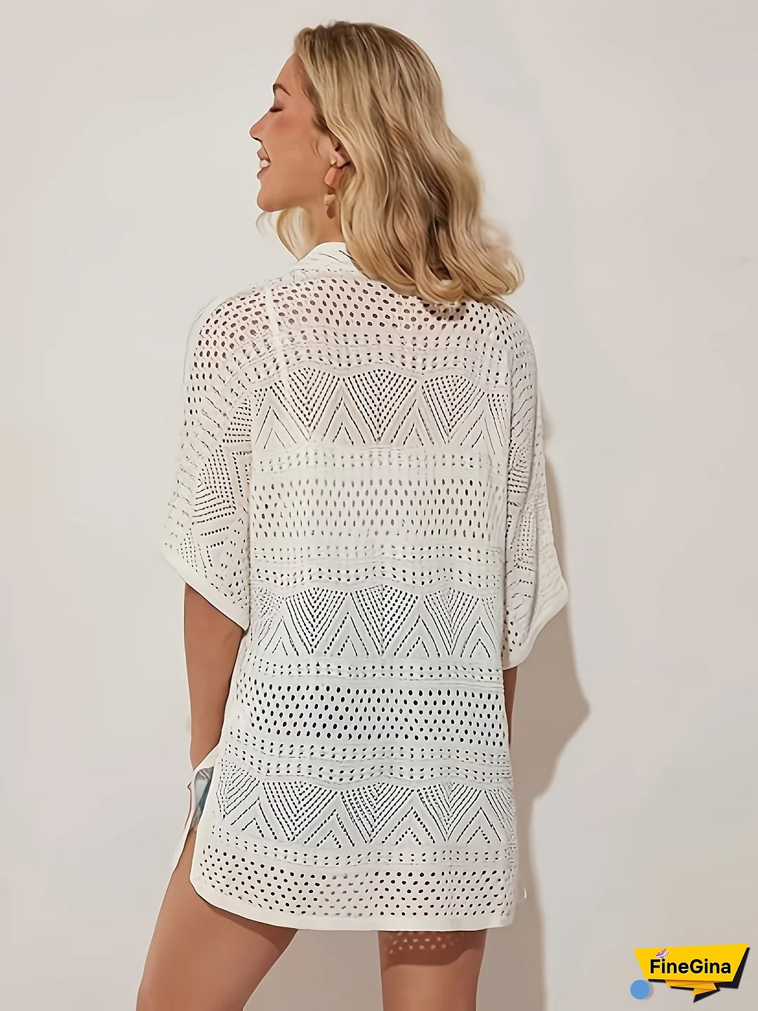 Women‘s Summer Cardigan - Casual Vacation Style, V-Neck, Short Sleeve, Loose Fit, Hollow Out Design, Lightweight Polyester, Perfect for Beach or Weekend Getaways, Beach Coverup | Relaxed Fit Cardigan | Open Front Cardigan