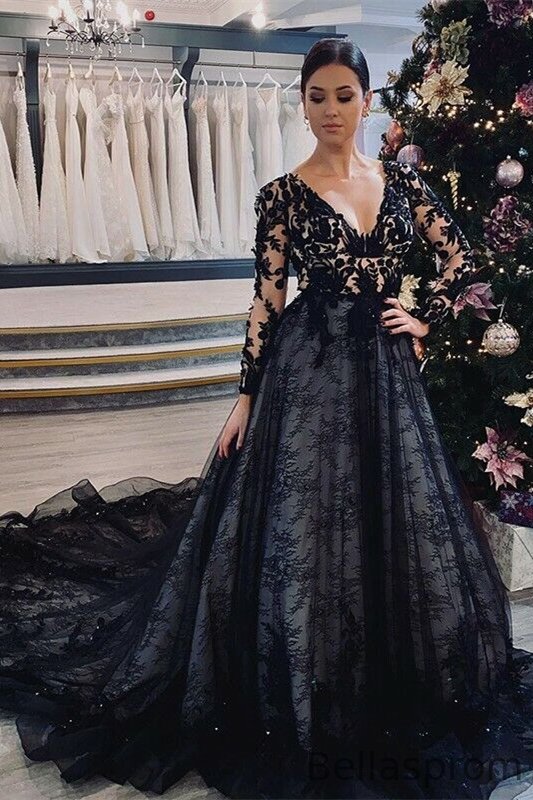 Bellasprom Black Long Sleeves V-Neck Prom Dress With Lace Tulle On Sale Bellasprom