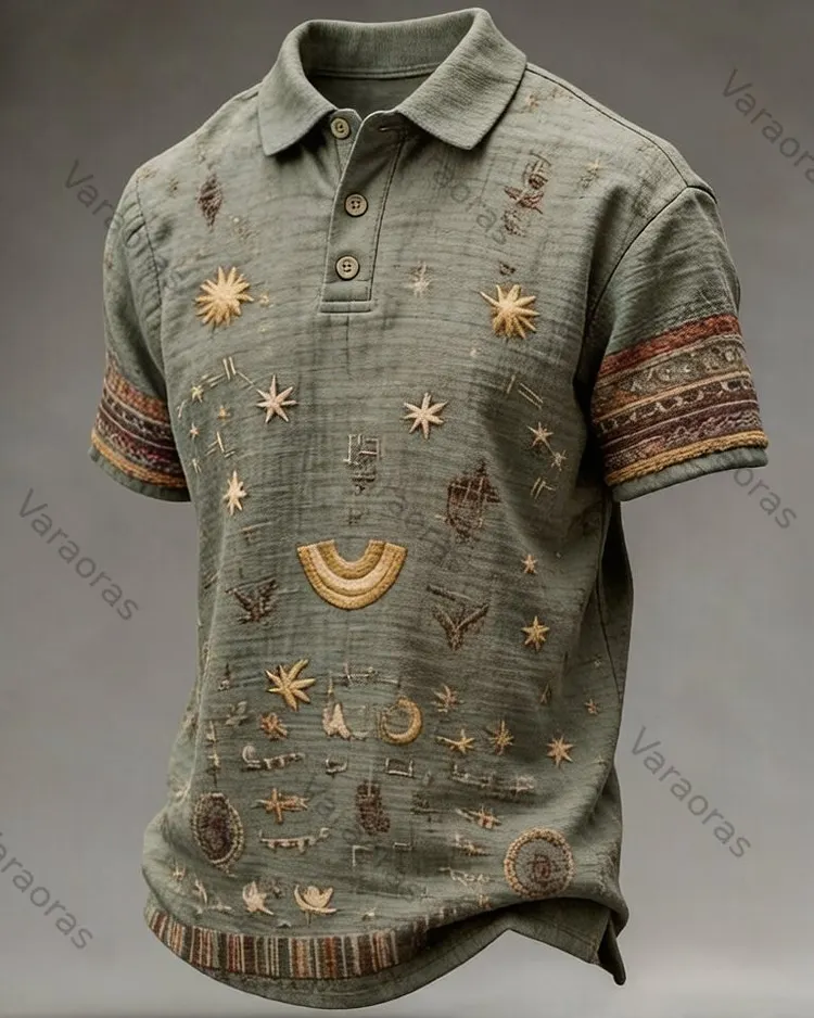 Men's Summer Casual Star and Moon Print Embroidered Short-Sleeve Polo Shirt 5189