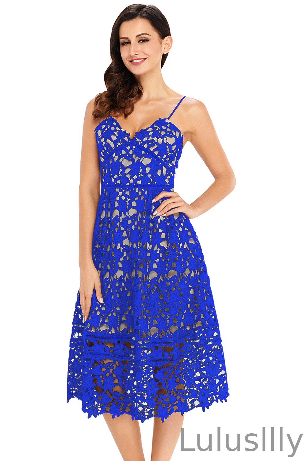 Chic Lace Spaghetti-Straps  Hollow Out Nude Illusion Evening Party Dress - lulusllly