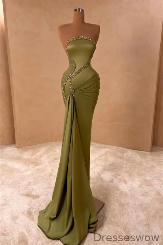 Dresseswow Sage Strapless Mermaid Prom Dress Sleeveless With Beads